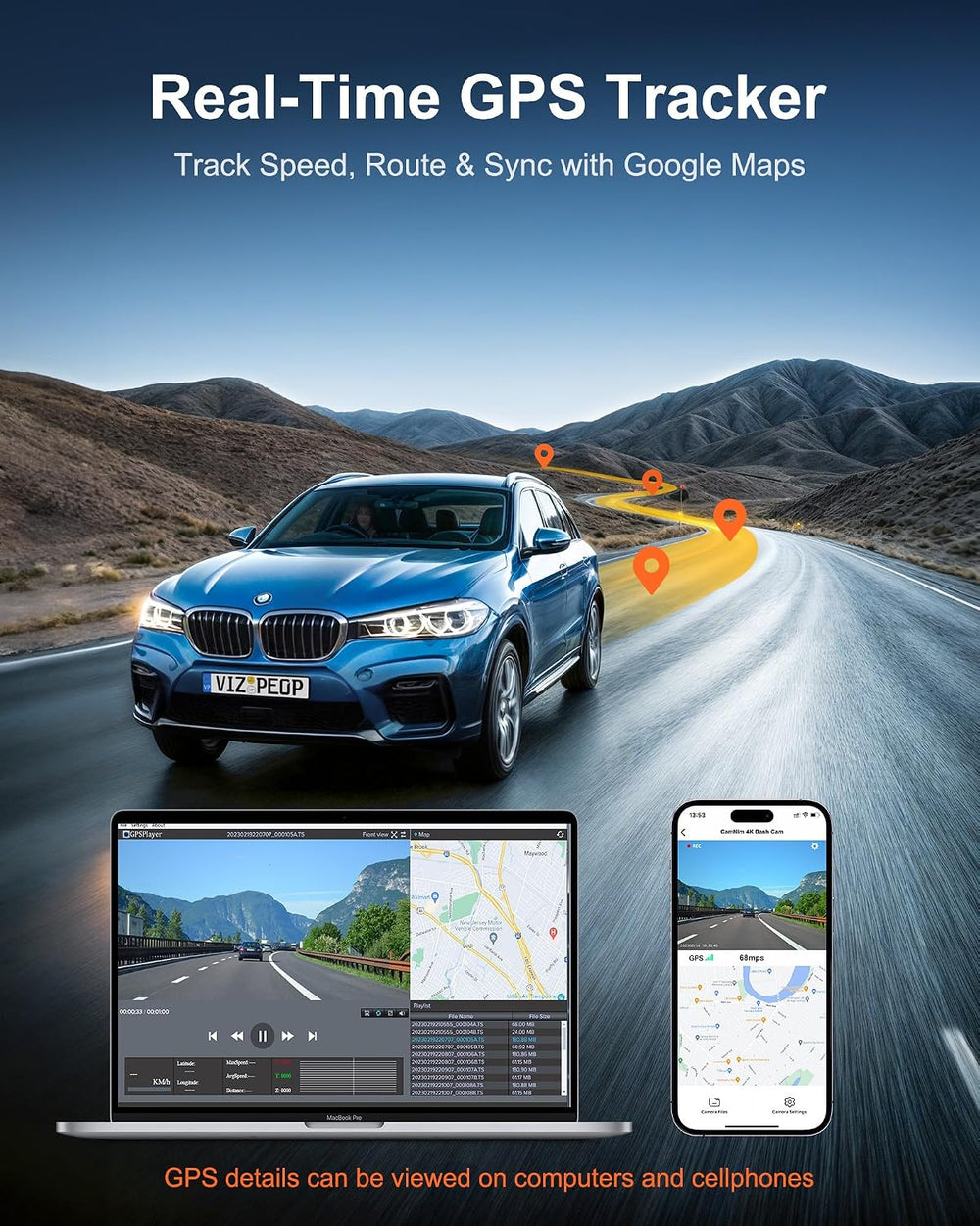4K+1080P Dash Cam Front and Rear, 5GHz WiFi, GPS, 64GB Card Included