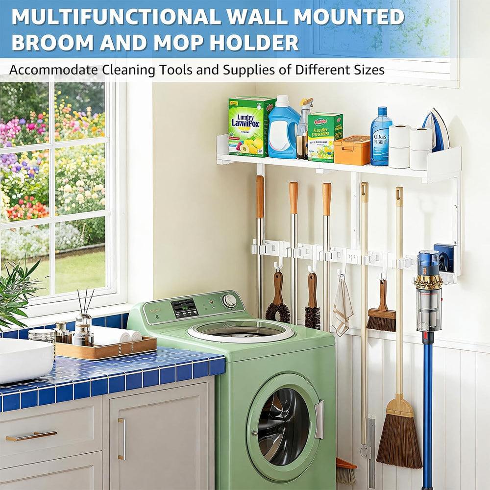 HUFAND Broom Holder Wall Mount, 27" Mop and Broom Organizer with Top Shelf