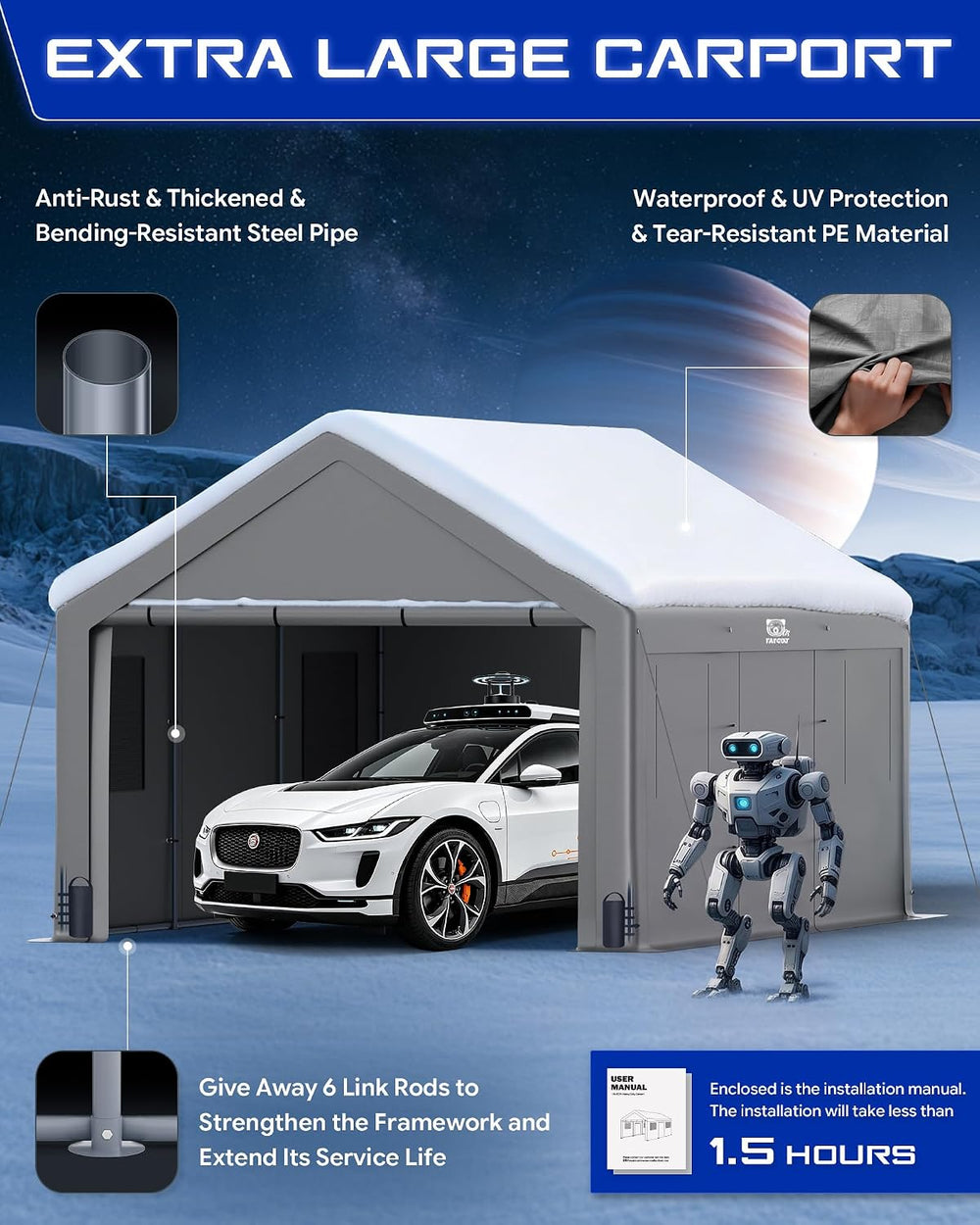 13x20ft Heavy Duty Carport with Removable Side Walls and Doors, Gray