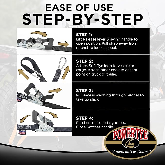 PowerTye - Made in USA - Heavy Duty Ratchet Tie Down Straps