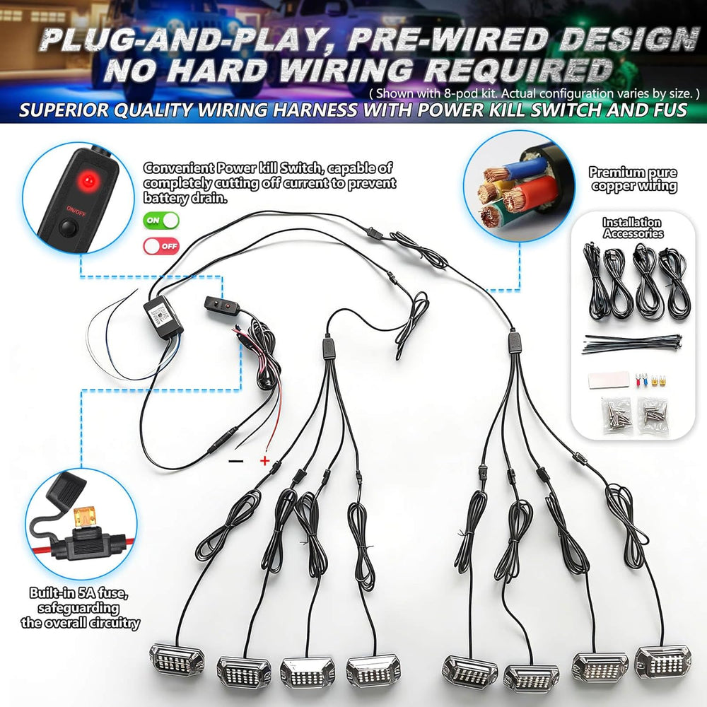 4Pods Full Angle RGB LED Rock Lights Kit Multicolor Underglow Accent Lights