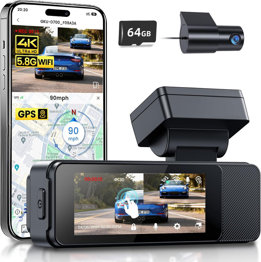 GKU Dash Cam Front and Rear, 3.18'' Touchscreen, 4K+1080P Dashcam