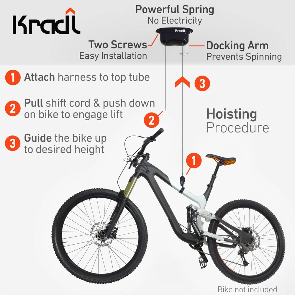 Spring-Powered Ceiling Bike Hoist and Rack for Effortless Storage