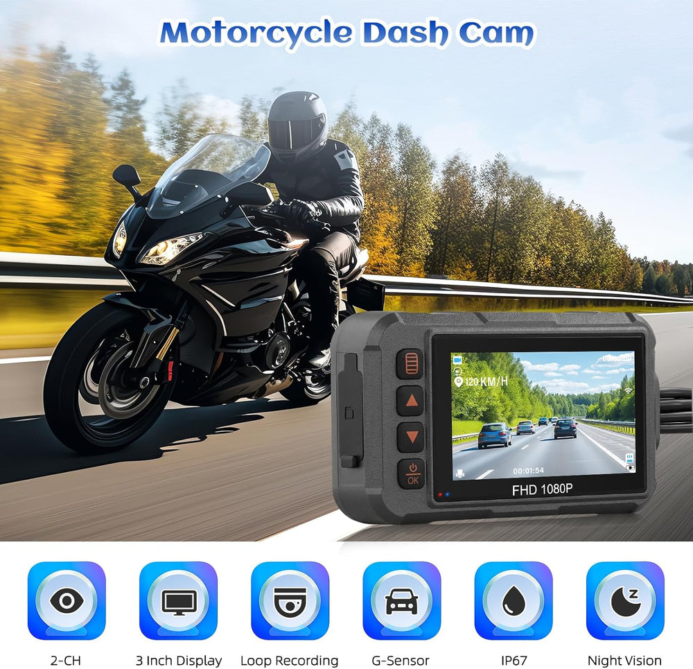 Motorcycle Dash Cam Dual HD Camera Front and Rear View 3" IPS Screen 1080P