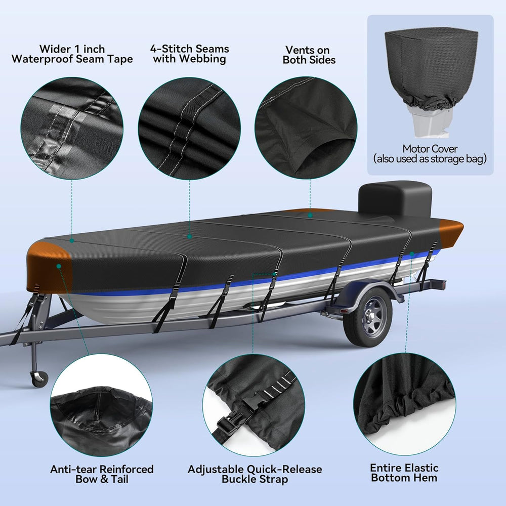 Heavy Duty 5 Layers 1200D Jon Boat Cover 12ft - 14 ft with Motor Cover