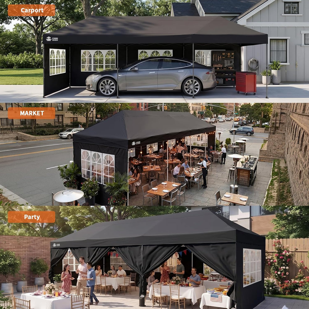CROWN SHADES 10X30 Pop Up Canopy Tent with Sidewalls, Instant Setup, Black