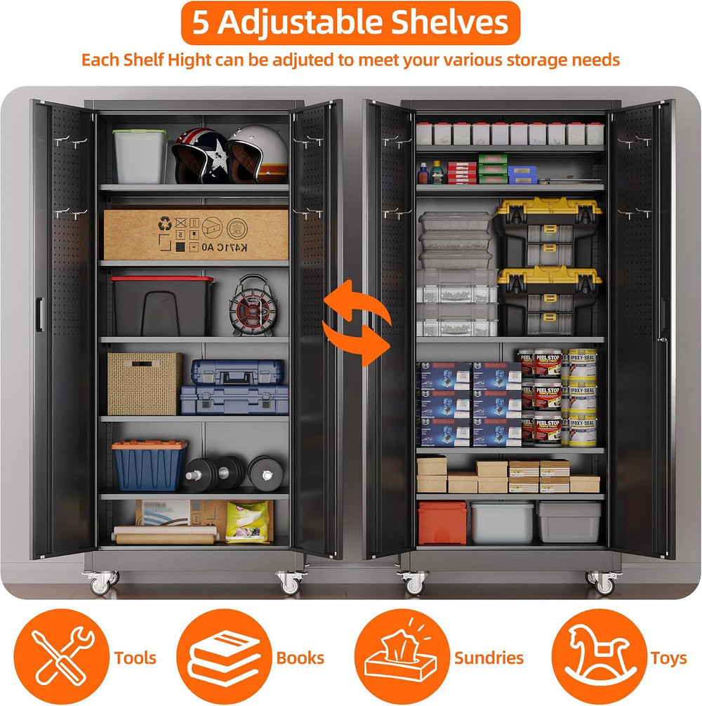 71" Metal Storage Cabinet with Wheels, 5 Adjustable Shelves, Black