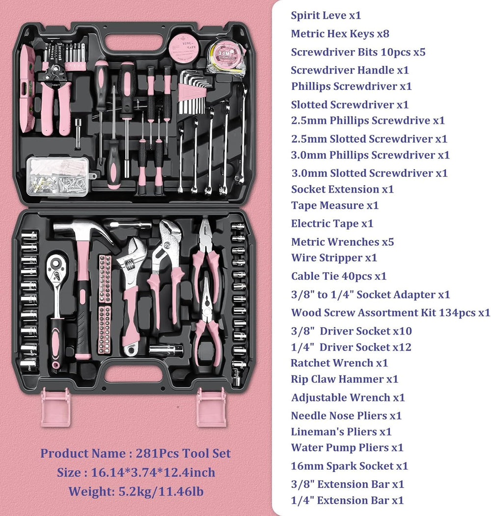 Sundpey 281 Pcs Home Tool Kit Portable Complete General Hand Tool Set Pink