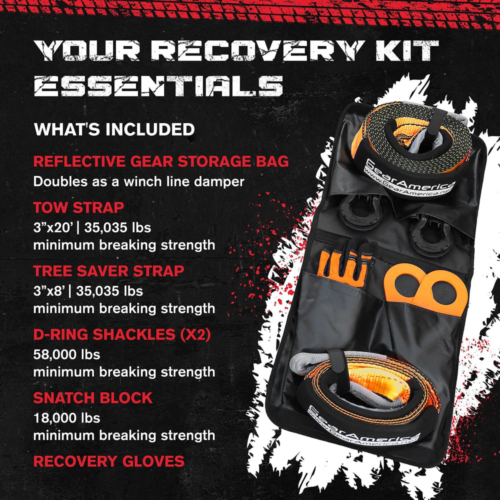 GearAmerica Off Road Recovery Kit, 9 Ton, Includes Tow Strap, Tree Saver, Sna...