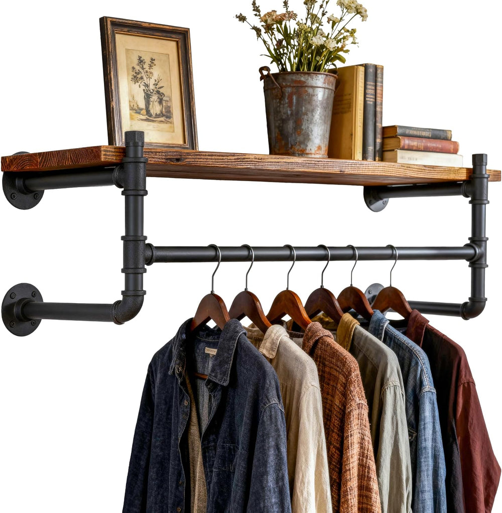 WEBI Wall Mounted Clothes Rack with Shelf,30" Industrial Pipe Clothing R...