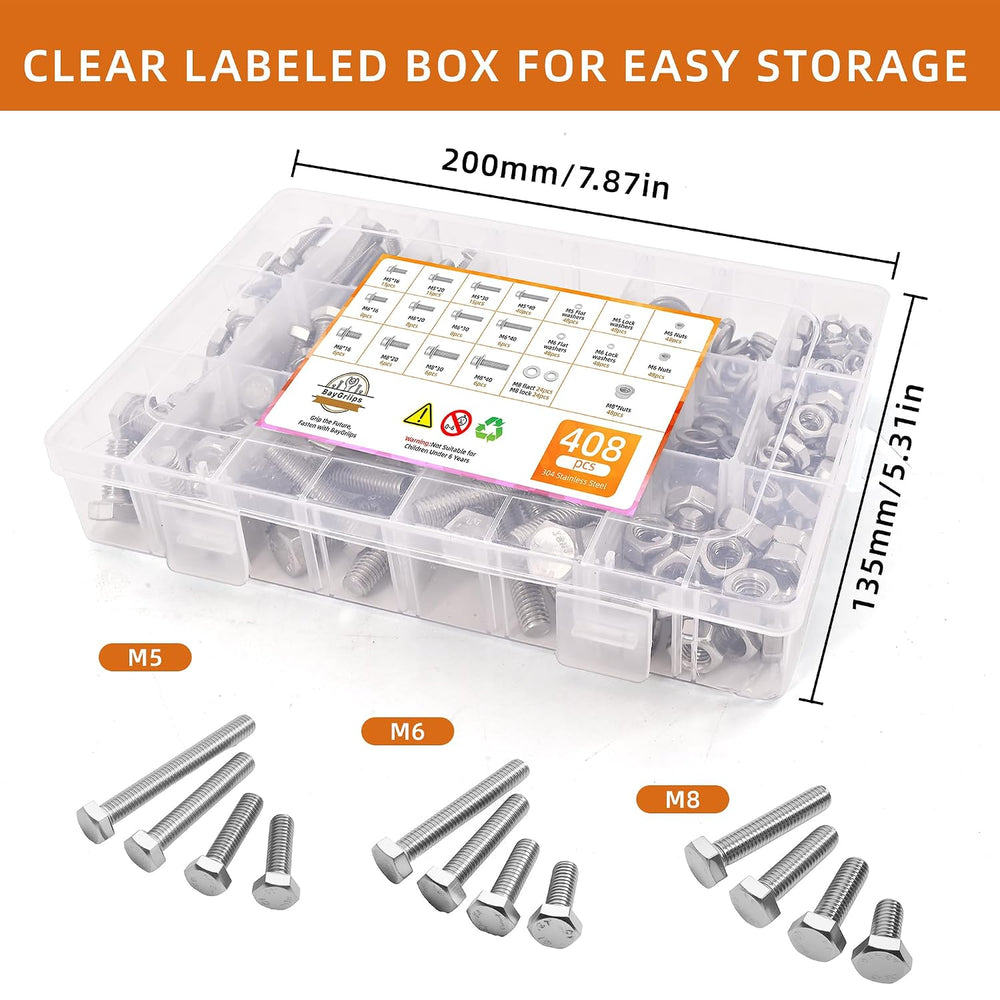 304 Stainless Steel (A2-70) Metric Bolt & Nut Assortment Kit - 408pcs M5/...