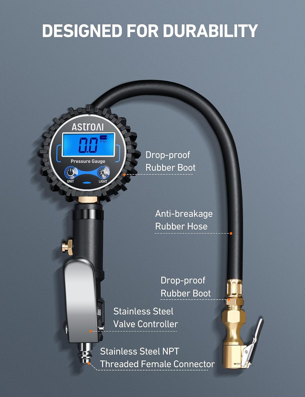 AstroAI Digital Tire Pressure Gauge with Inflator, 3-250 PSI ±1% Precision