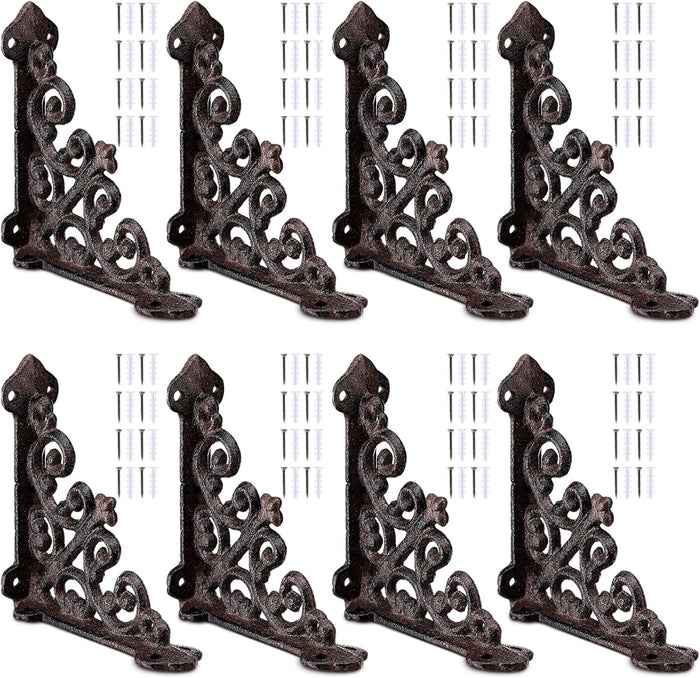 Blulu 8 Pcs Decorative Cast Iron Shelf Bracket L Vintage Bracket, Iron Gray