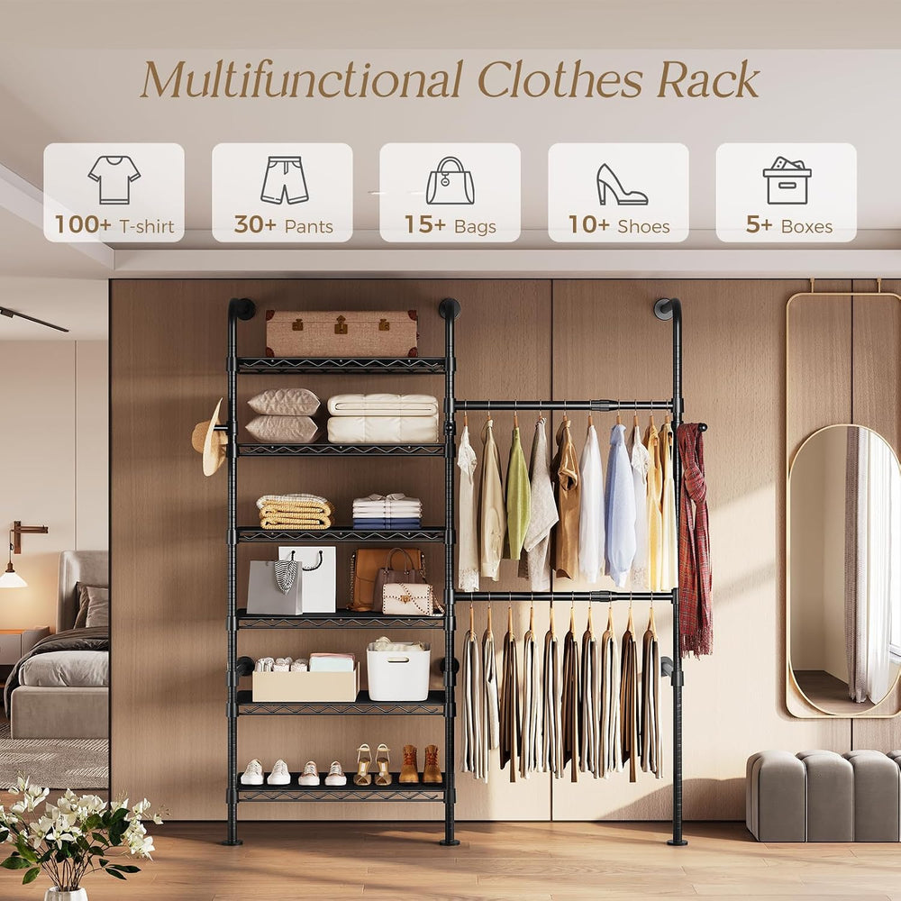 Wall Mounted Closet System, Heavy Duty 2-Row Clothes Rack, Expandable Industr...