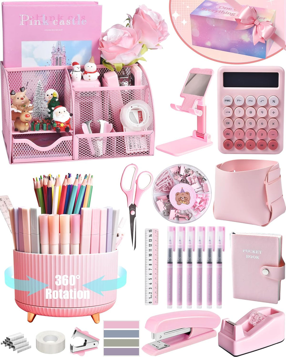 Pink Desk Accessories 21-Piece Office Supplies Gift Set for Women