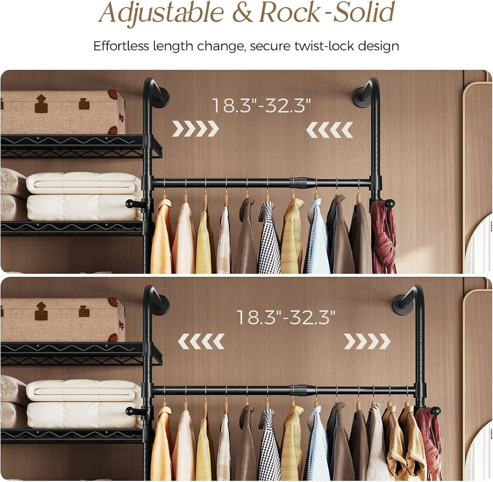 Wall Mounted Closet System, Heavy Duty 2-Row Clothes Rack, Expandable Industr...