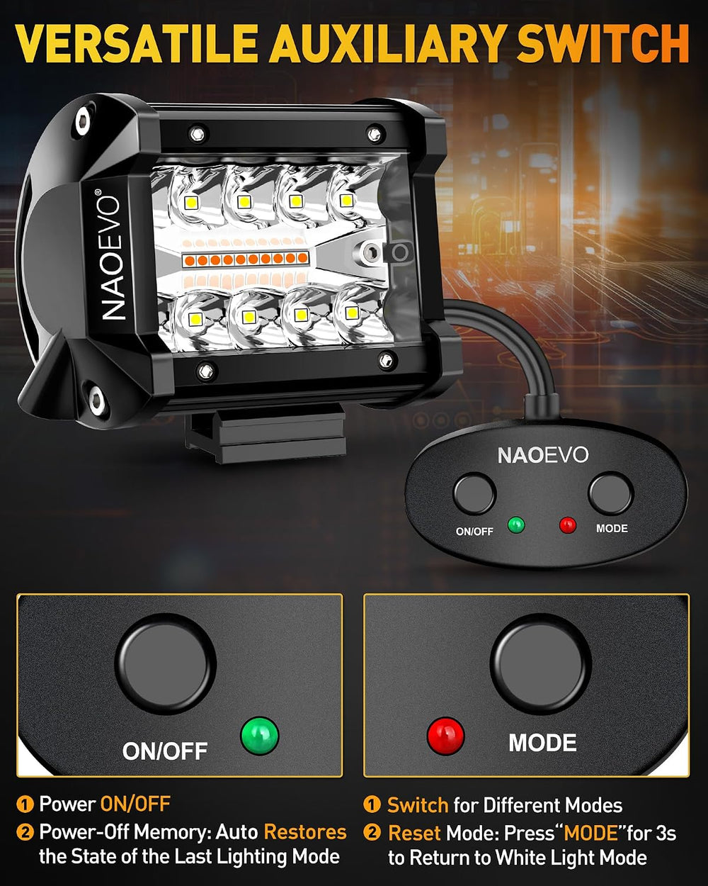 NAOEVO 4 Inch LED Pod Lights, 6-Mode LED Strobe Lights with 2-Lead Harness