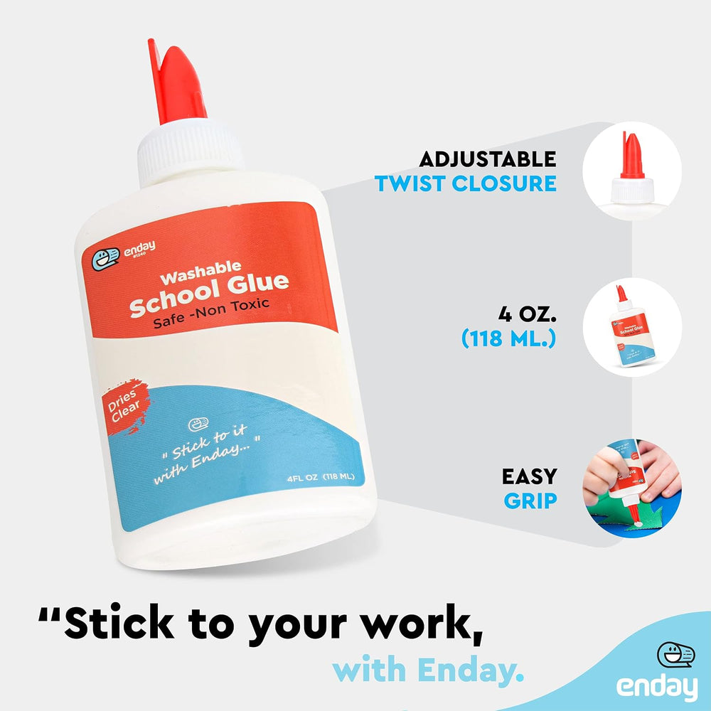 Enday Washable Liquid School Glue, White, 4 oz Bottles, Non-Toxic, 24-Pack