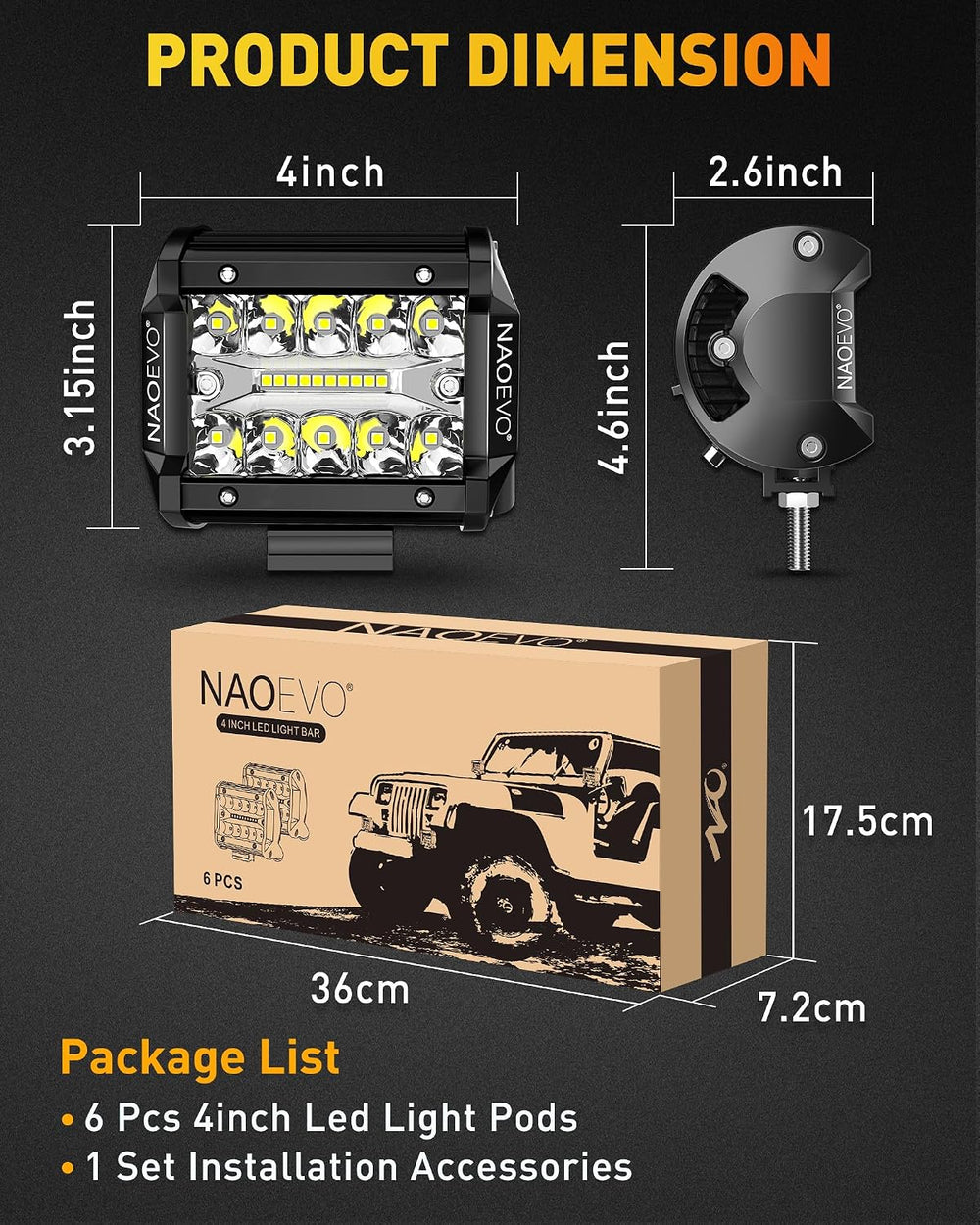 NAOEVO 4 Inch LED Pod Lights, 360W 36,000LM LED Off Road/Fog Lights, 6 Pcs