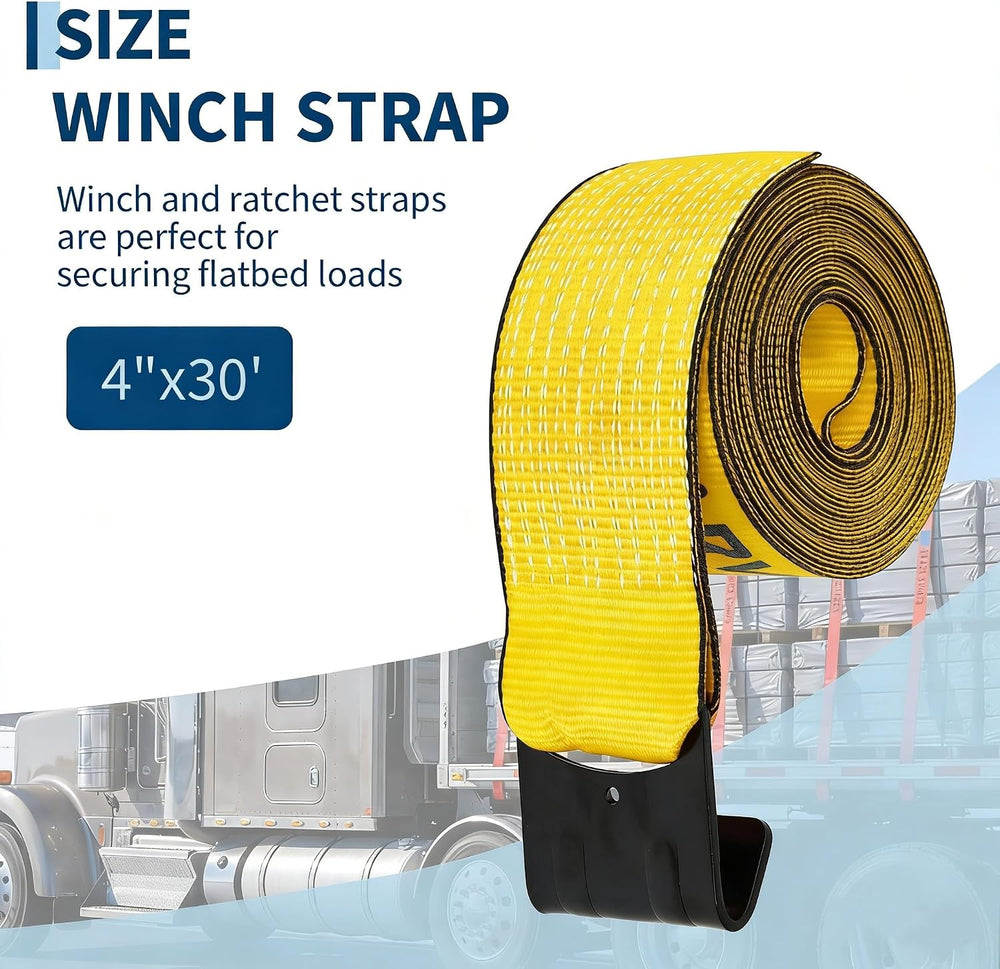 4 Pack Heavy Duty 4 in x 30 ft Winch Straps with Flat Hooks, 6,000 Lbs WLL / ...