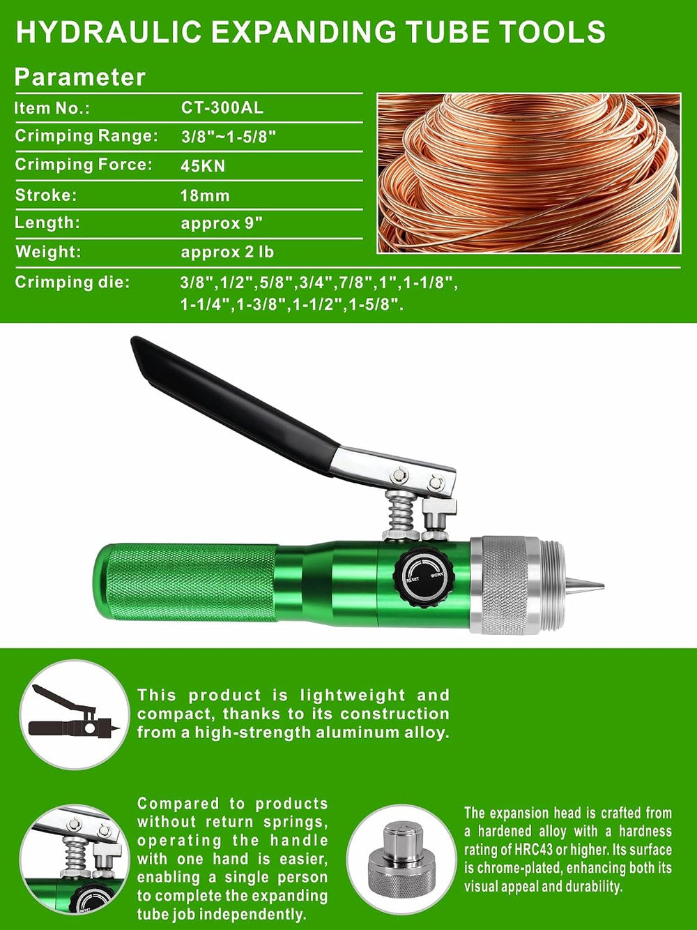 Hydraulic HVAC Swaging Tool Kit with 7 Dies 3/8"-1-1/8"