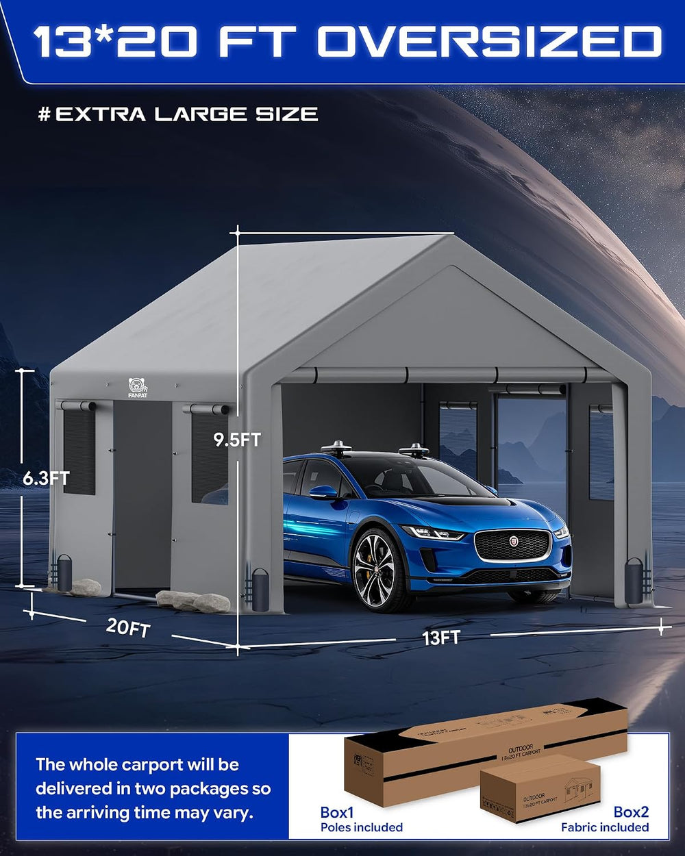 13x20ft Heavy Duty Carport with Removable Side Walls and Doors, Gray
