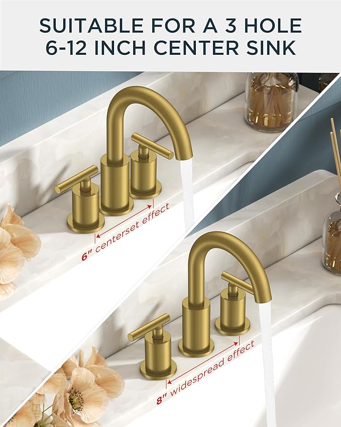 FORIOUS 8 Inch Widespread Brushed Gold Bathroom Faucet 3 Hole, 2 Handle Gold