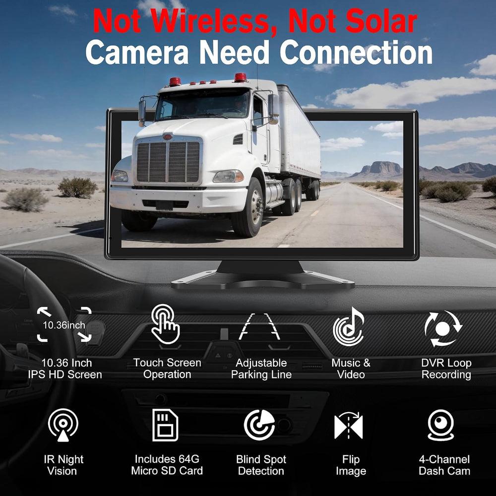 10.36" Wired Backup Camera System with 4 HD 1080P Cameras for Truck/RV