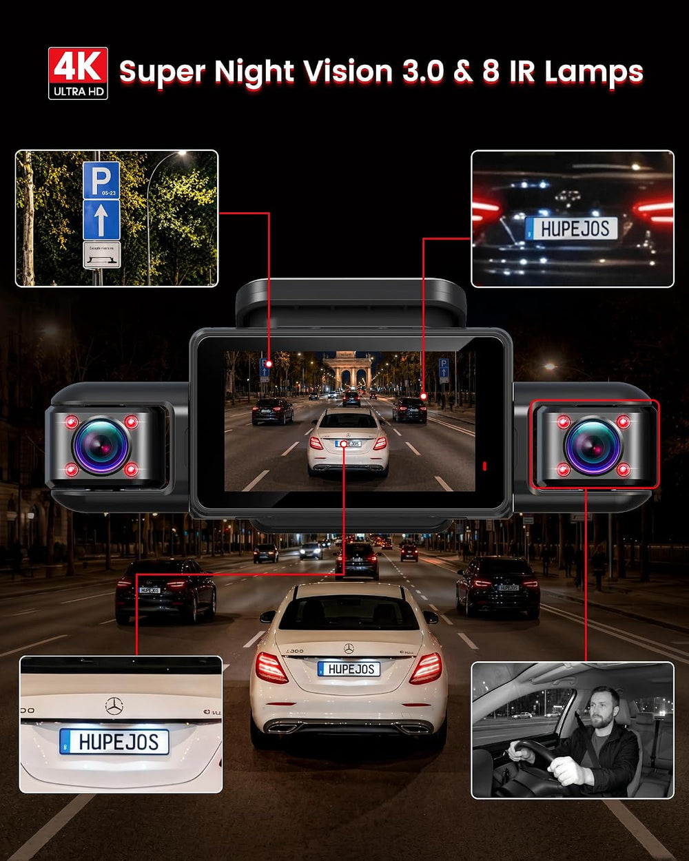 HUPEJOS AI 4K Dash Cam Front and Rear, 360° View 4 Channel Camera for Car