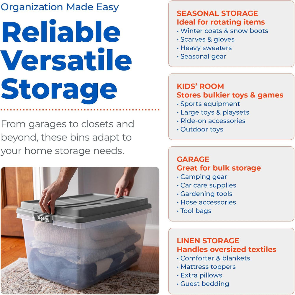 Hefty 72 Qt Hi-Rise Storage Bin with Lid, Stackable Plastic Storage Container...