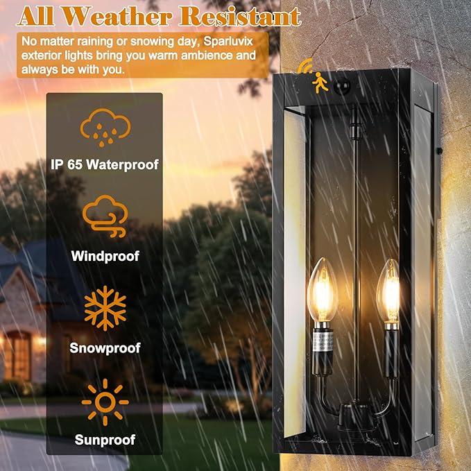 Black Motion Sensor Outdoor Lights 2-Light, 16” Modern Dusk to Dawn Sensor (2...