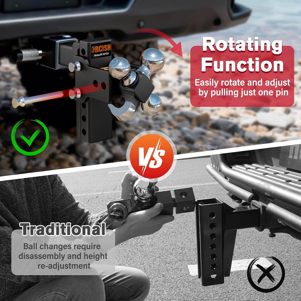 Adjustable Trailer Hitch, 360° Swivel Tri Ball Mount with Tow Hook & Lock