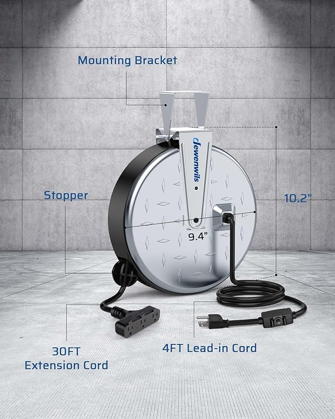 DEWENWILS 30 Ft Retractable Extension Cord Reel, Ceiling/Wall Mount 16/3 Gauge