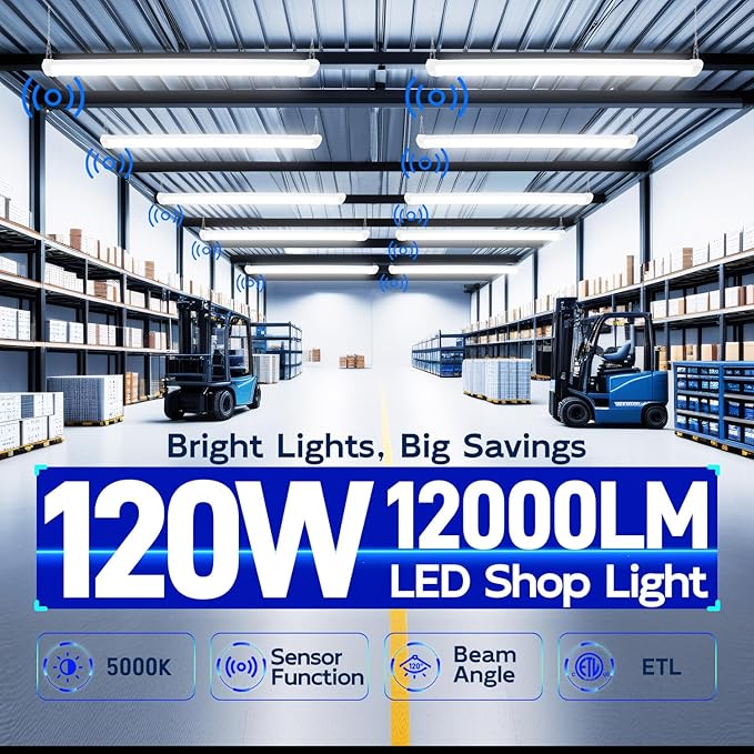hykolity Pir Sensor 4FT 120W LED Shop Light, 5000K Daylight, Motion Activated