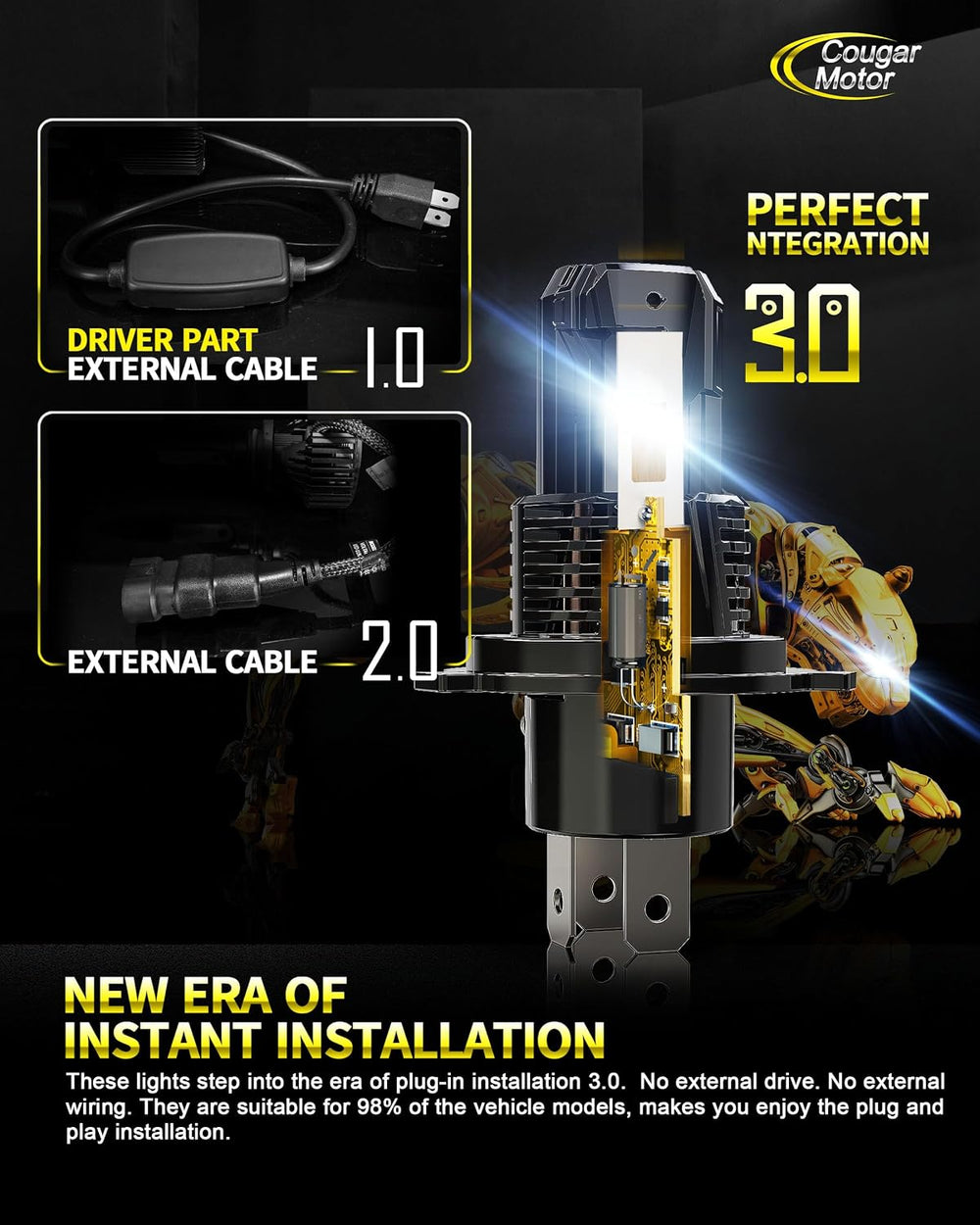 Cougar Motor H4 Bulbs, 9003 Fog 800% Brighter Non-Polar Instant Plug-in