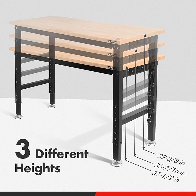WORKPRO 48" Adjustable Workbench, Rubber Wood Top Heavy-Duty Workstation...