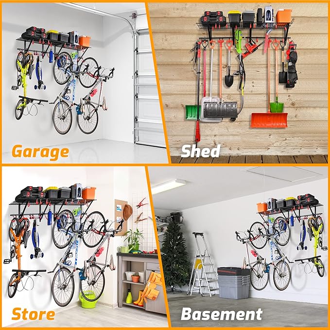PLKOW Garage Wall Shelving 1 Pack Includes 2 Bike Hooks, Wall Shelves Garage