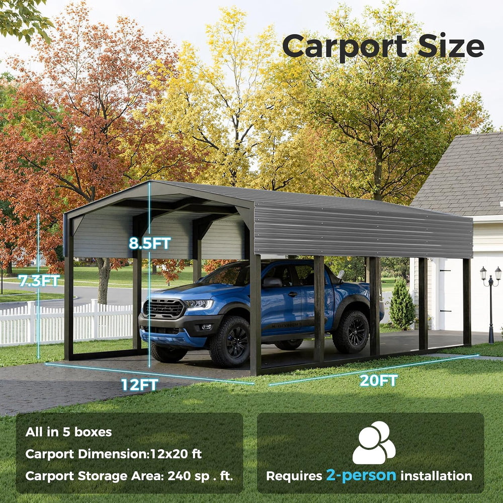 12×20 FT Carport, 2"x2" Reinforced Frame & 29-Gauge Leak-Resist...