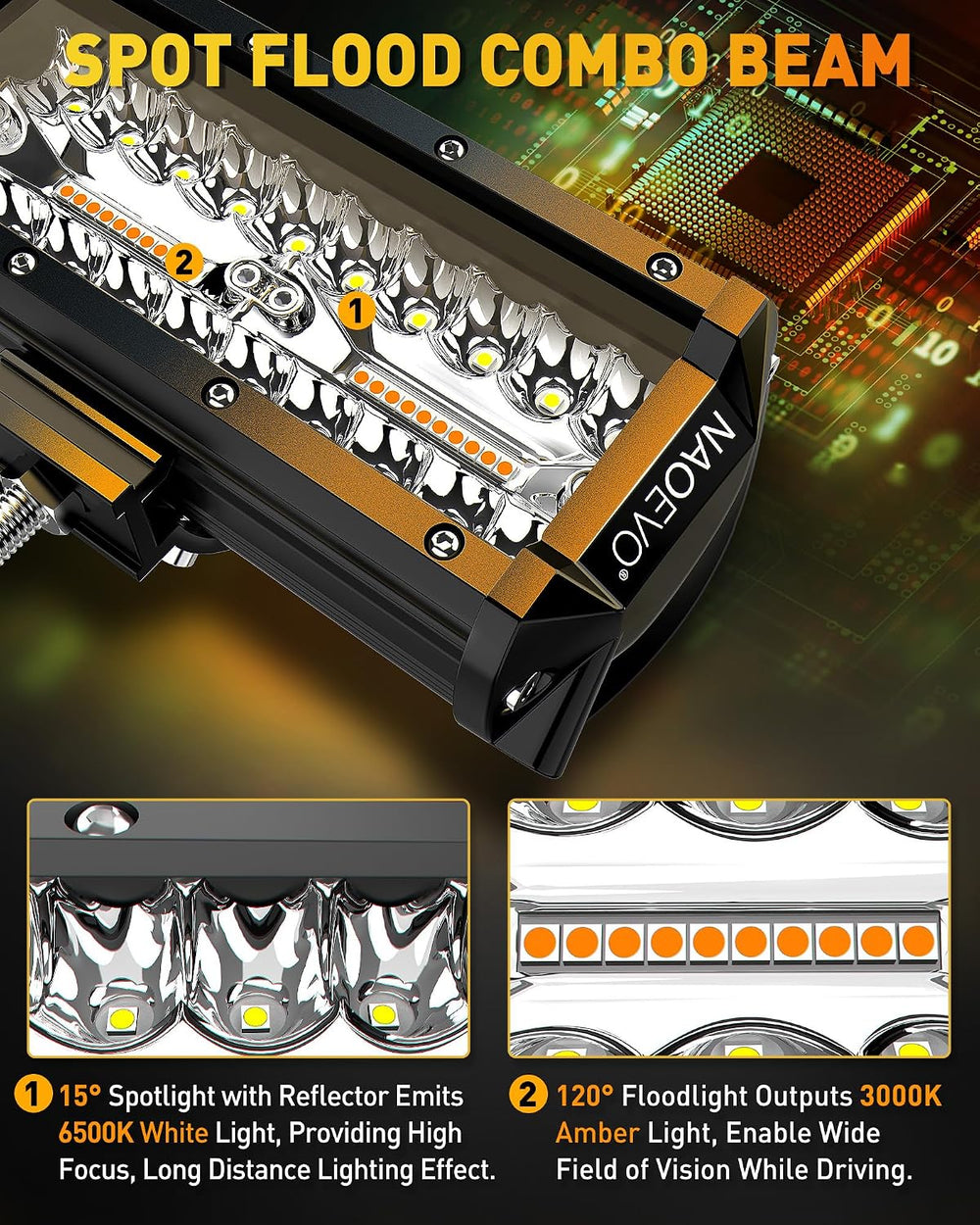 NAOEVO 7 Inch LED Light Bar, 6-Mode Strobe/Fog Lights with 2-Lead Harness
