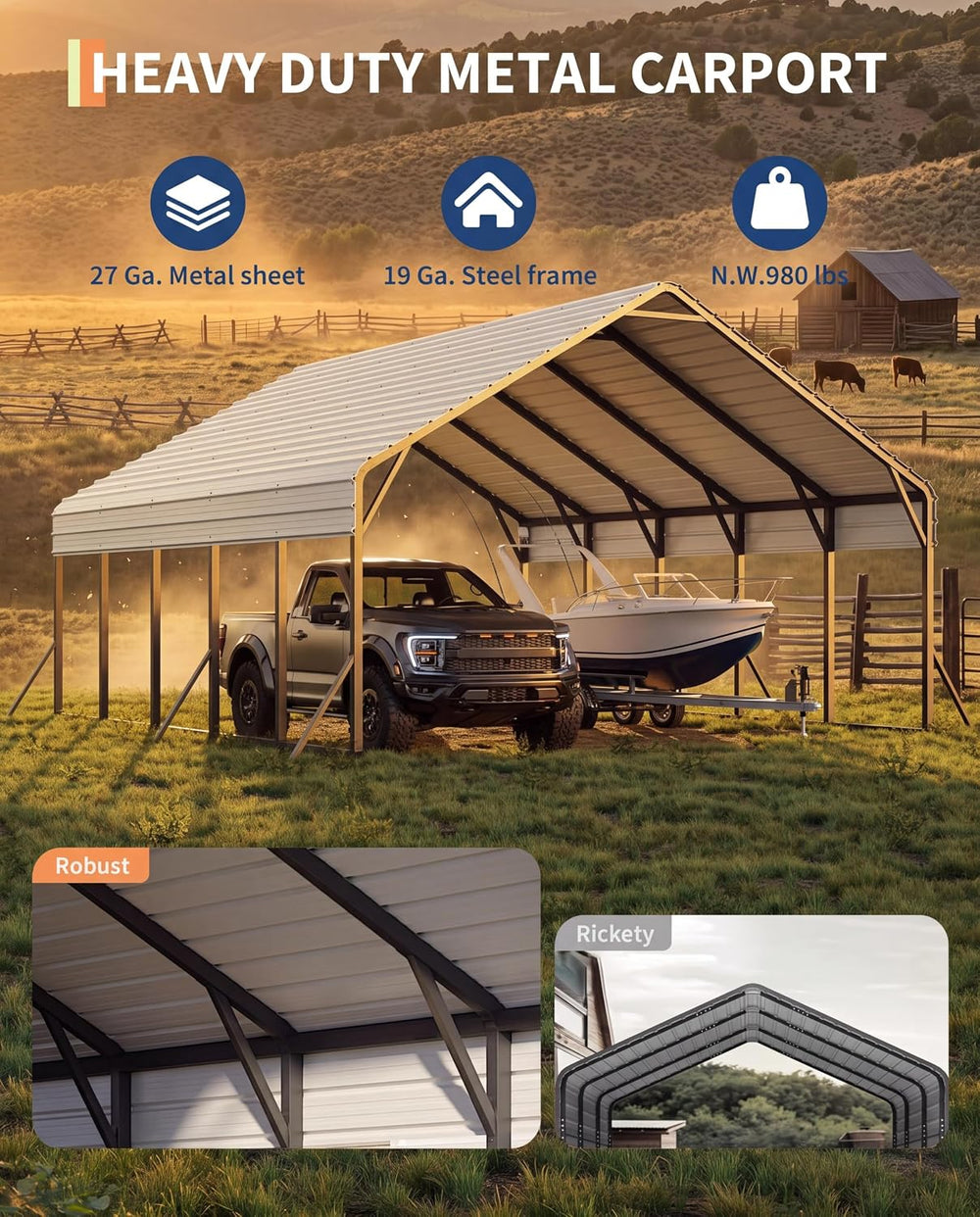 GarveeLife 20'x25'x13' Metal Carport for 2 Cars, White