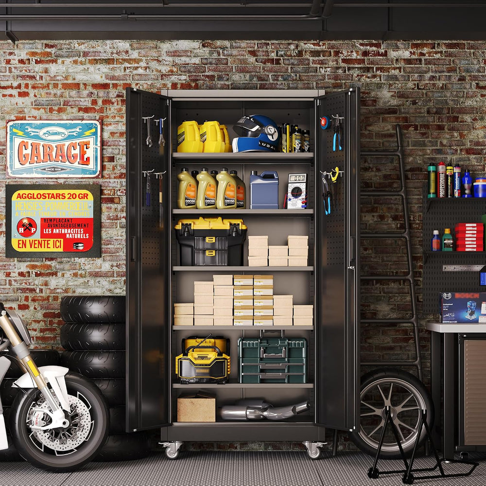 71" Metal Storage Cabinet with Wheels, 5 Adjustable Shelves, Black